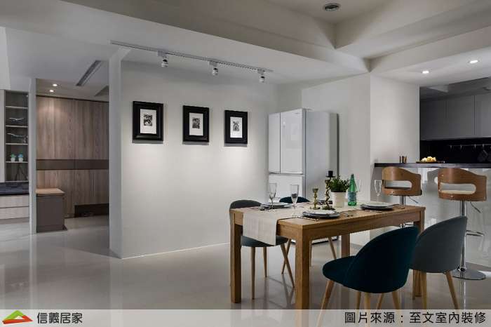 白色餐廳室內裝潢設計，包括餐桌、餐椅、吧台裝潢圖片