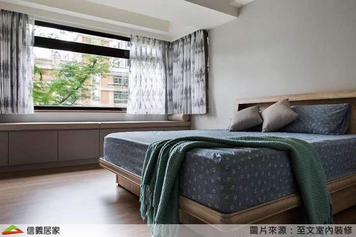 灰色臥室室內裝潢設計，包括床、矮櫃裝潢圖片