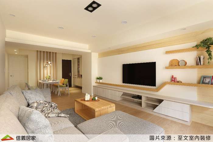 白色客廳室內裝潢設計，包括沙發、茶几、電視櫃、地毯裝潢圖片