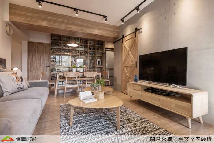 米色客廳室內裝潢設計，包括沙發、茶几、收納櫃、餐桌、電視櫃、地毯、餐椅、展示櫃裝潢圖片