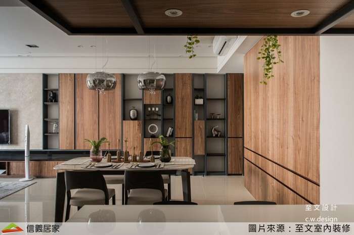 咖啡色餐廳室內裝潢設計，包括收納櫃、餐桌、燈具裝潢圖片