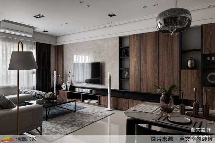 咖啡色客廳室內裝潢設計，包括收納櫃、電視牆裝潢圖片