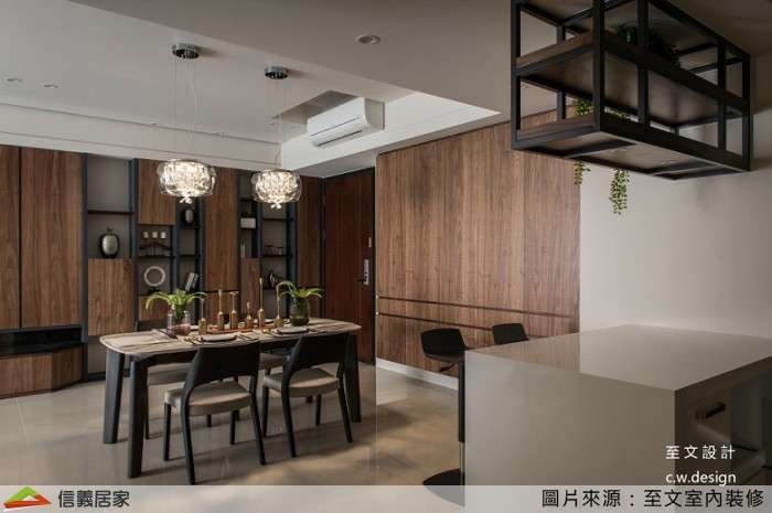 咖啡色餐廳室內裝潢設計，包括收納櫃、餐桌、吧台裝潢圖片