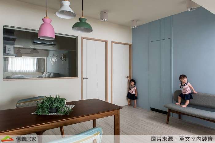 米色餐廳室內裝潢設計，包括吊燈、餐桌裝潢圖片