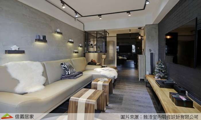 灰色客廳室內裝潢設計，包括沙發、茶几、電視櫃裝潢圖片