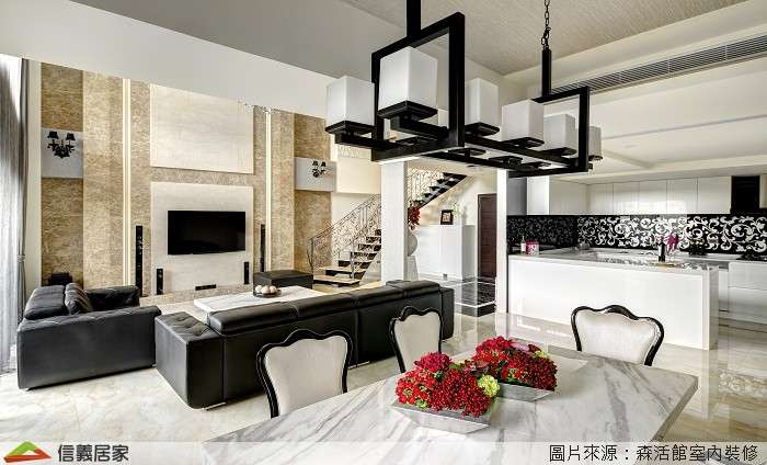 米色客廳,米色餐廳,米色開放式廚房室內裝潢設計，包括餐桌、電視牆、餐椅、大理石牆/檯面、L型沙發裝潢圖片