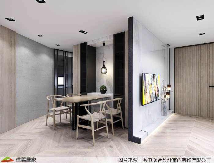 米色餐廳室內裝潢設計，包括吊燈、餐桌、餐椅裝潢圖片