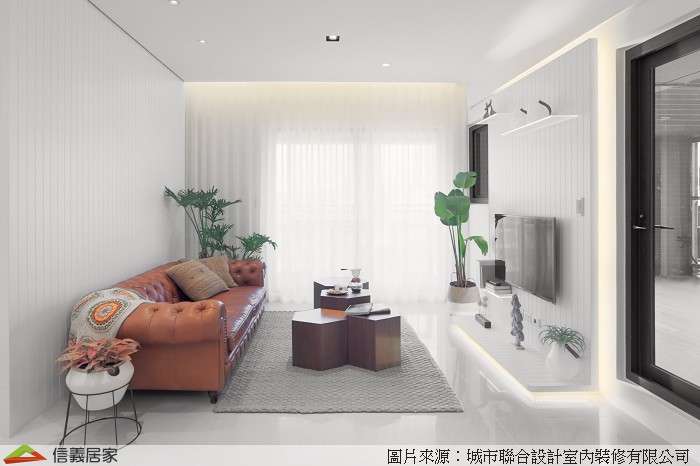 白色客廳室內裝潢設計，包括沙發、電視牆、地毯裝潢圖片