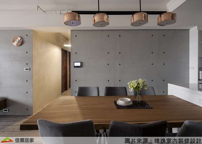 灰色餐廳室內裝潢設計，包括吊燈、餐桌、餐椅裝潢圖片