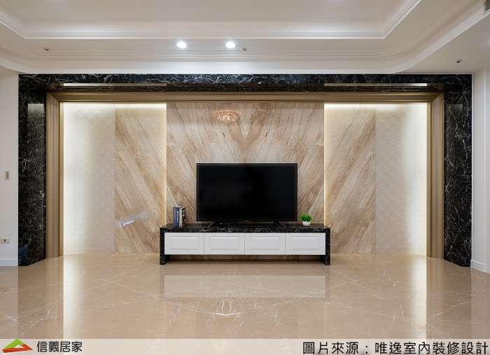 米色客廳室內裝潢設計，包括電視櫃、大理石牆/檯面裝潢圖片
