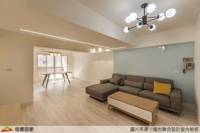 米色客廳室內裝潢設計，包括茶几、L型沙發裝潢圖片