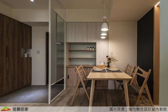 米色餐廳,米色玄關室內裝潢設計，包括收納櫃、吊燈、餐桌、餐椅、隔屏裝潢圖片