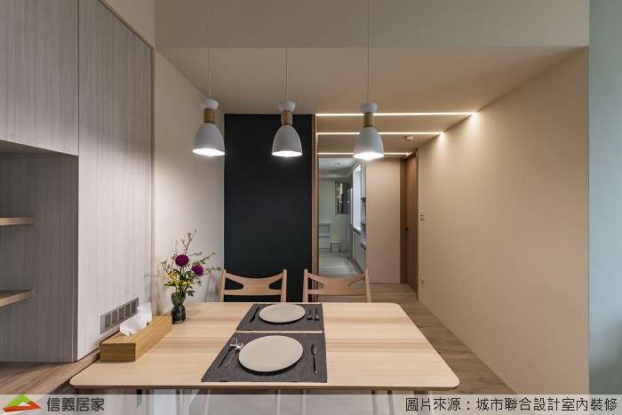 米色餐廳室內裝潢設計，包括吊燈、餐桌、餐椅裝潢圖片