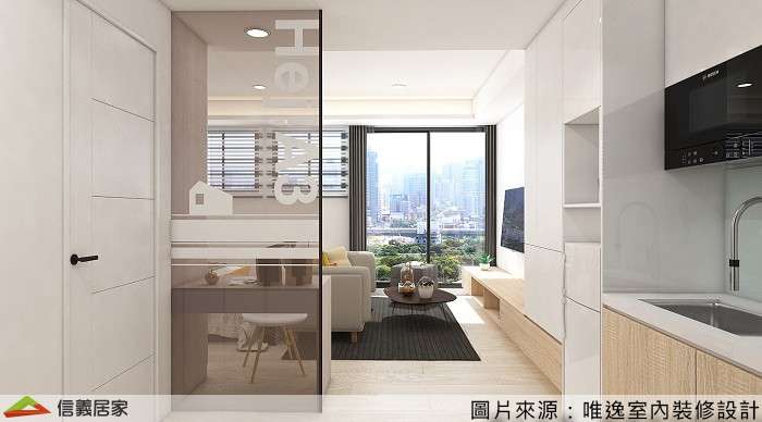白色玄關室內裝潢設計，包括窗簾、沙發、收納櫃、流理台、地毯、隔屏裝潢圖片