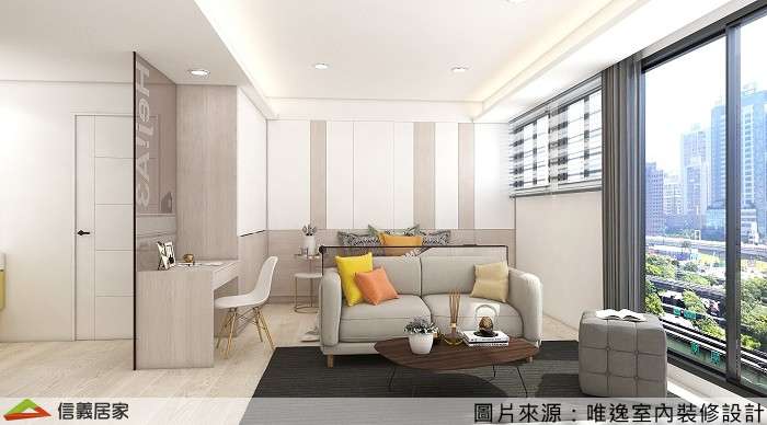 白色客廳室內裝潢設計，包括窗簾、沙發、沙發牆、隔屏裝潢圖片