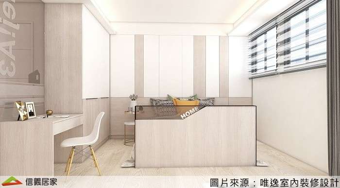 白色臥室室內裝潢設計，包括收納櫃、椅子、化妝台裝潢圖片