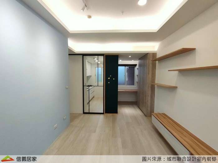 藍色客廳室內裝潢設計，包括收納櫃、矮櫃、展示櫃、置物櫃裝潢圖片