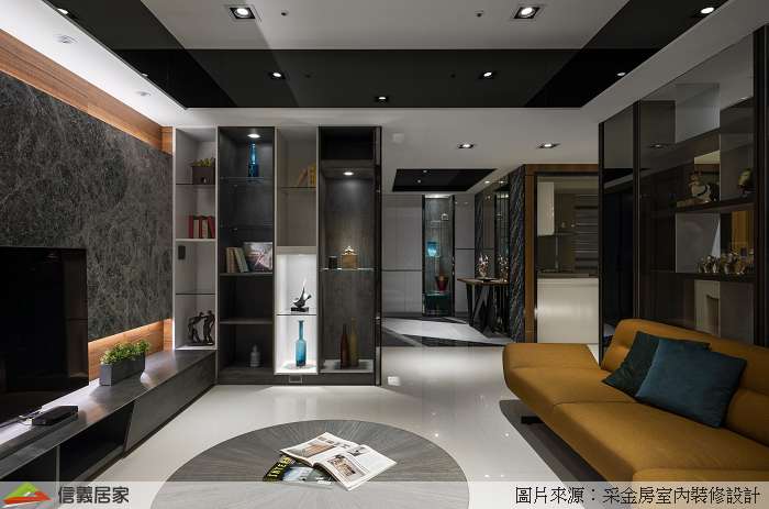 黑白客廳室內裝潢設計，包括沙發、茶几、餐桌、電視牆、電視櫃、餐椅、展示櫃、置物櫃裝潢圖片