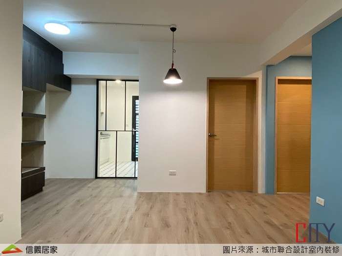 白色客廳,白色餐廳室內裝潢設計，包括收納櫃、吊燈、置物櫃、拉門裝潢圖片