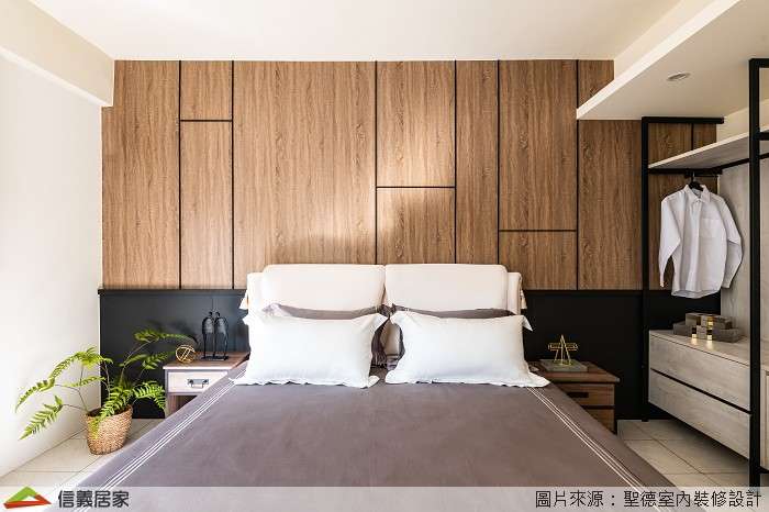 白色臥室室內裝潢設計，包括床、床頭主牆、床頭櫃、置物櫃裝潢圖片