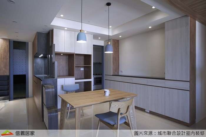 咖啡色餐廳室內裝潢設計，包括收納櫃、吊燈、餐桌、餐椅裝潢圖片