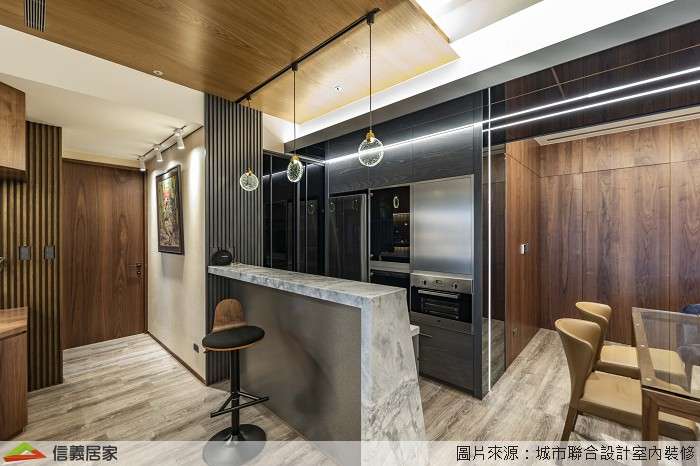 灰色餐廳室內裝潢設計，包括吊燈、餐桌、椅子、吧檯裝潢圖片