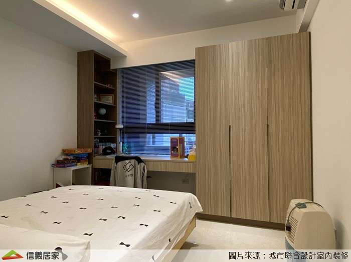 白色臥室室內裝潢設計，包括床、收納櫃、書櫃、置物櫃裝潢圖片