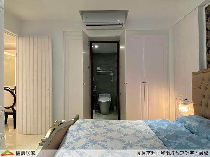 白色臥室室內裝潢設計，包括床、收納櫃、置物櫃裝潢圖片