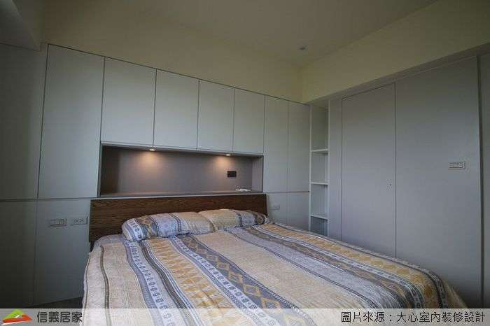 綠色臥室室內裝潢設計，包括床、嵌燈、床頭主牆裝潢圖片